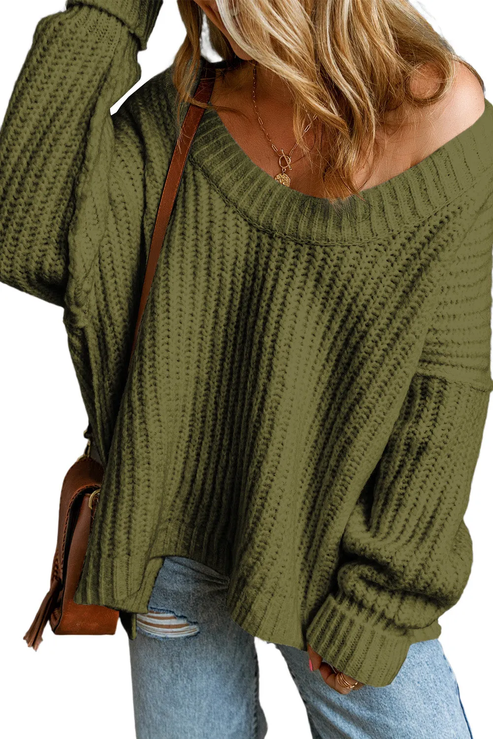 White Ribbed Knit Round Neck Slouchy Chunky Sweater