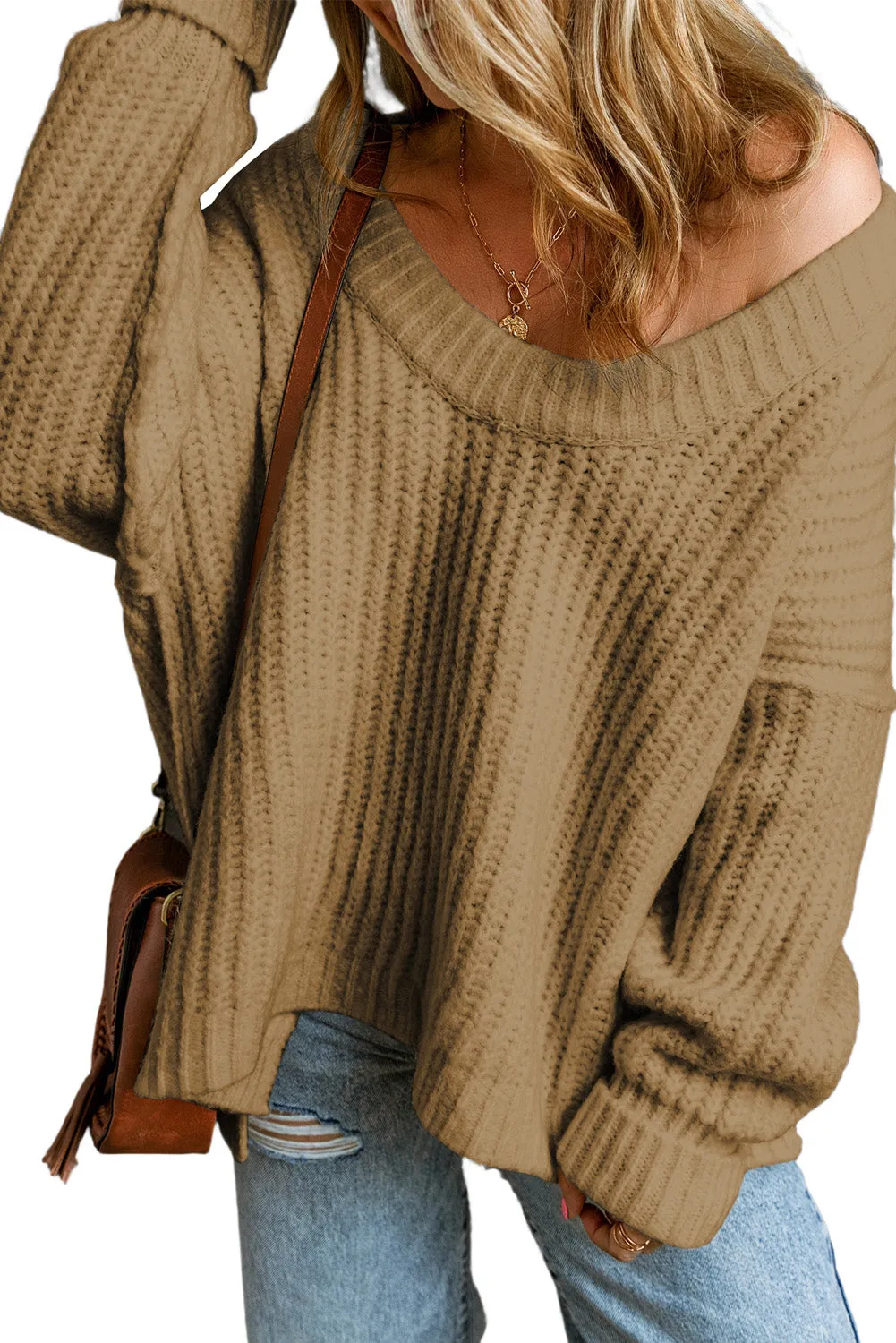 White Ribbed Knit Round Neck Slouchy Chunky Sweater