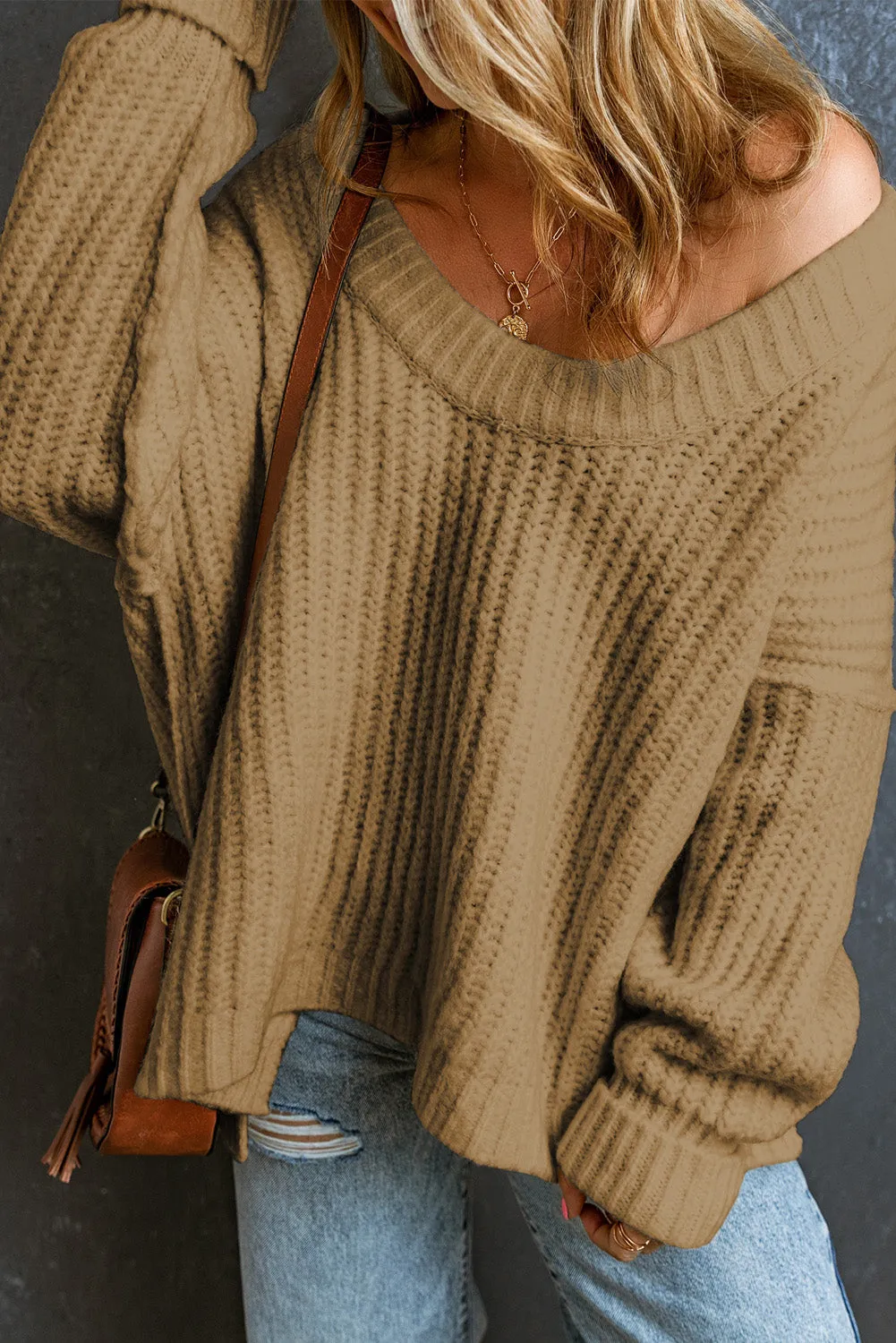 White Ribbed Knit Round Neck Slouchy Chunky Sweater