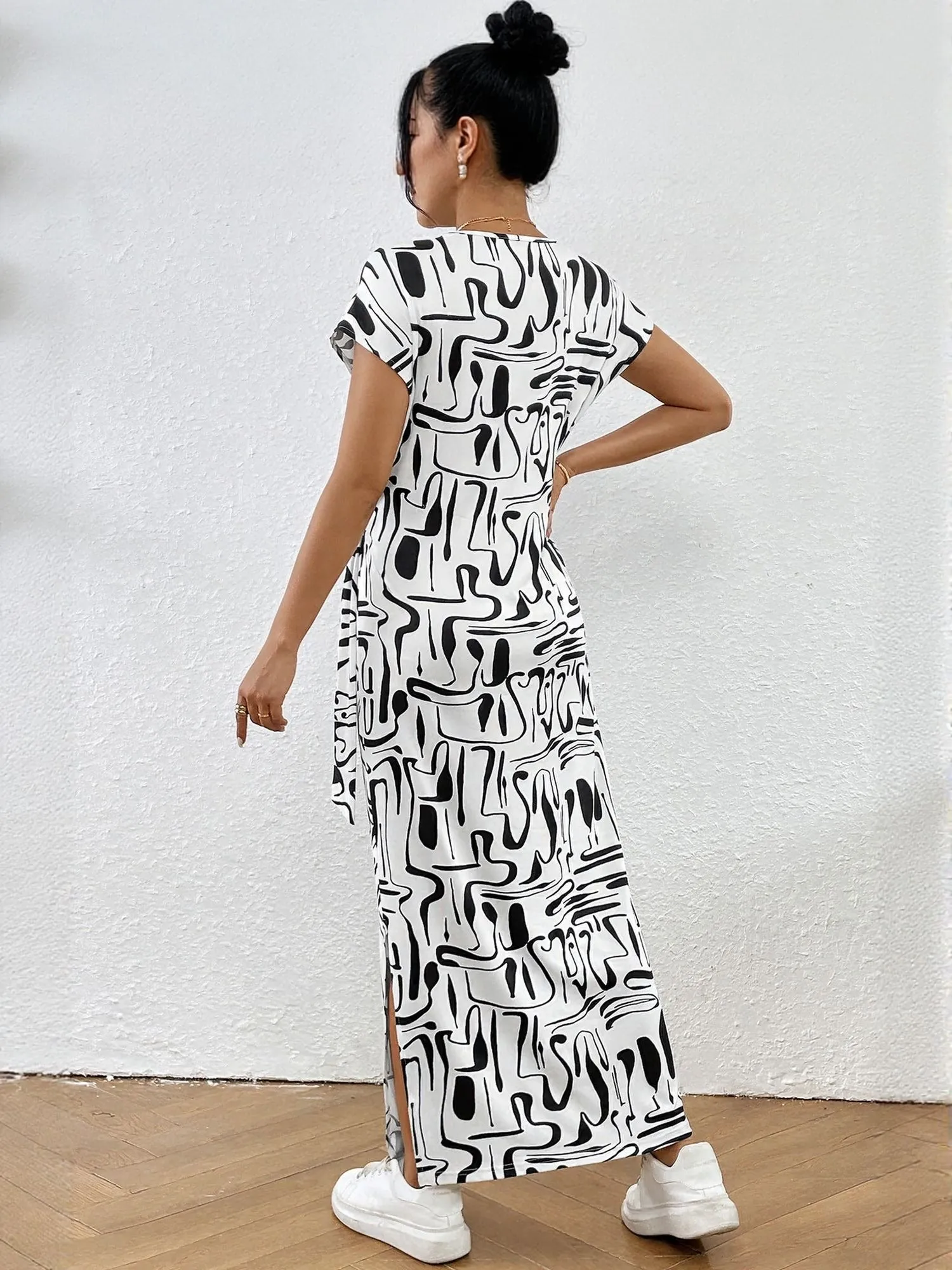 White Short Sleeve Side Slit Jersey Dress