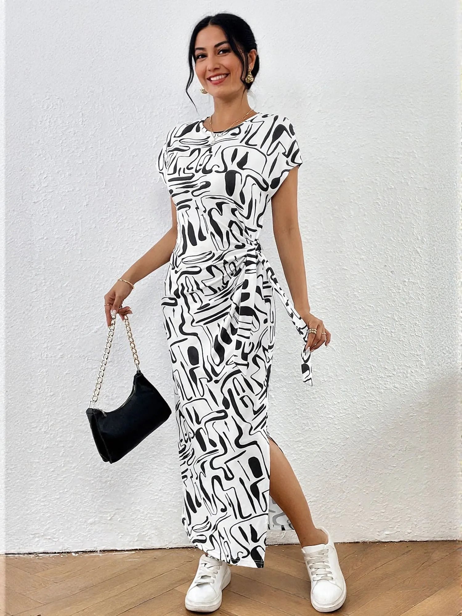 White Short Sleeve Side Slit Jersey Dress