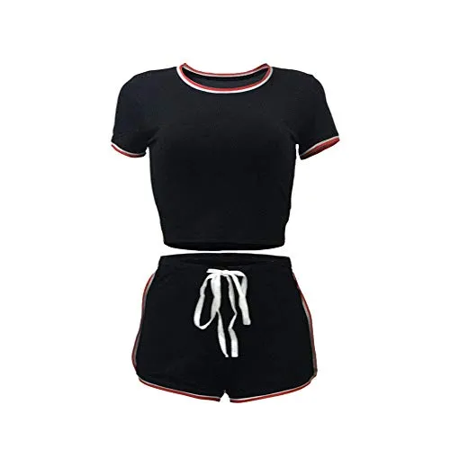 Women 2 Piece Workout Outfits Short Sets Sexy Bodycon Crop Top Shirts & Sports Shorts Activewear Set (Black,X-Large)