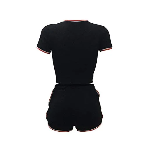 Women 2 Piece Workout Outfits Short Sets Sexy Bodycon Crop Top Shirts & Sports Shorts Activewear Set (Black,X-Large)