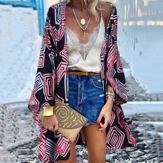 Women Cardigan Summer Open Front Bohemian Floral Printed Blouse Kimono Casual Loose Beach Tops Vintage Long Sleeve