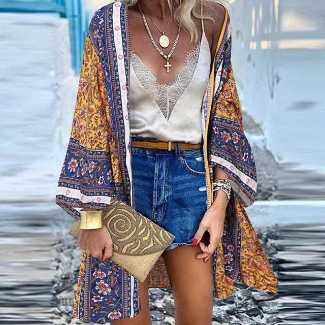 Women Cardigan Summer Open Front Bohemian Floral Printed Blouse Kimono Casual Loose Beach Tops Vintage Long Sleeve