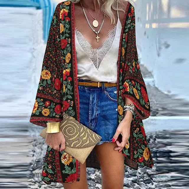 Women Cardigan Summer Open Front Bohemian Floral Printed Blouse Kimono Casual Loose Beach Tops Vintage Long Sleeve