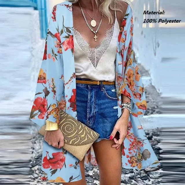 Women Cardigan Summer Open Front Bohemian Floral Printed Blouse Kimono Casual Loose Beach Tops Vintage Long Sleeve