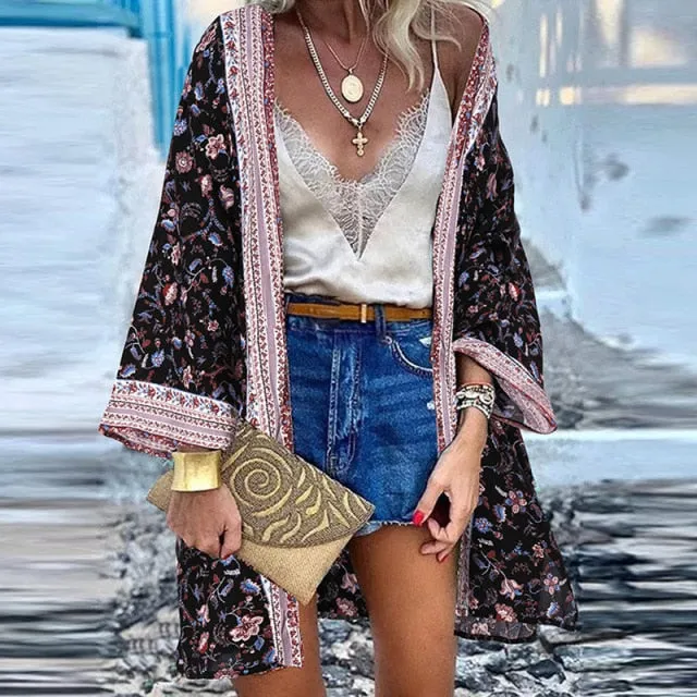 Women Cardigan Summer Open Front Bohemian Floral Printed Blouse Kimono Casual Loose Beach Tops Vintage Long Sleeve
