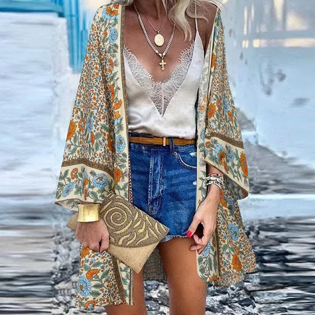 Women Cardigan Summer Open Front Bohemian Floral Printed Blouse Kimono Casual Loose Beach Tops Vintage Long Sleeve