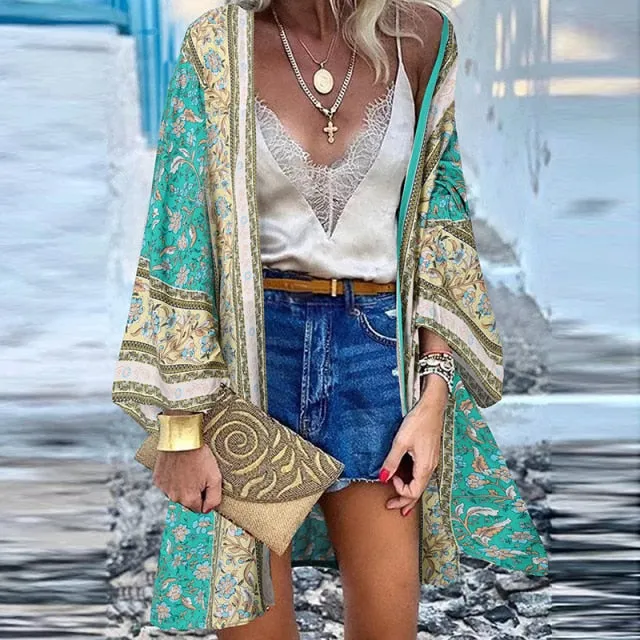Women Cardigan Summer Open Front Bohemian Floral Printed Blouse Kimono Casual Loose Beach Tops Vintage Long Sleeve