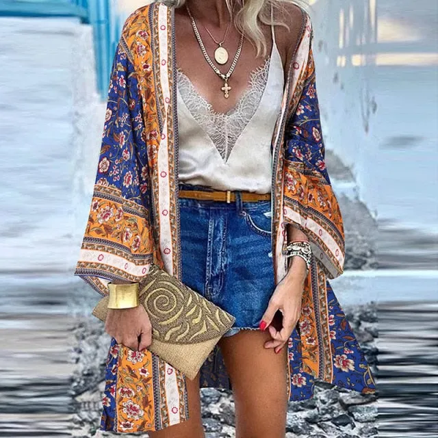 Women Cardigan Summer Open Front Bohemian Floral Printed Blouse Kimono Casual Loose Beach Tops Vintage Long Sleeve