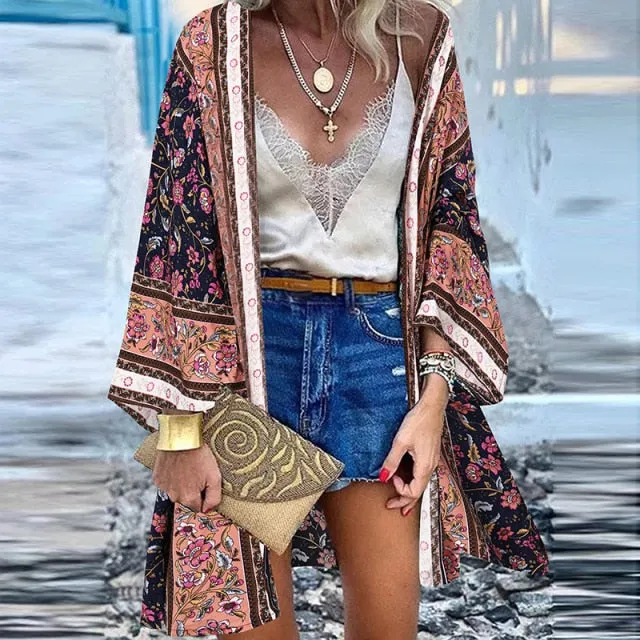 Women Cardigan Summer Open Front Bohemian Floral Printed Blouse Kimono Casual Loose Beach Tops Vintage Long Sleeve