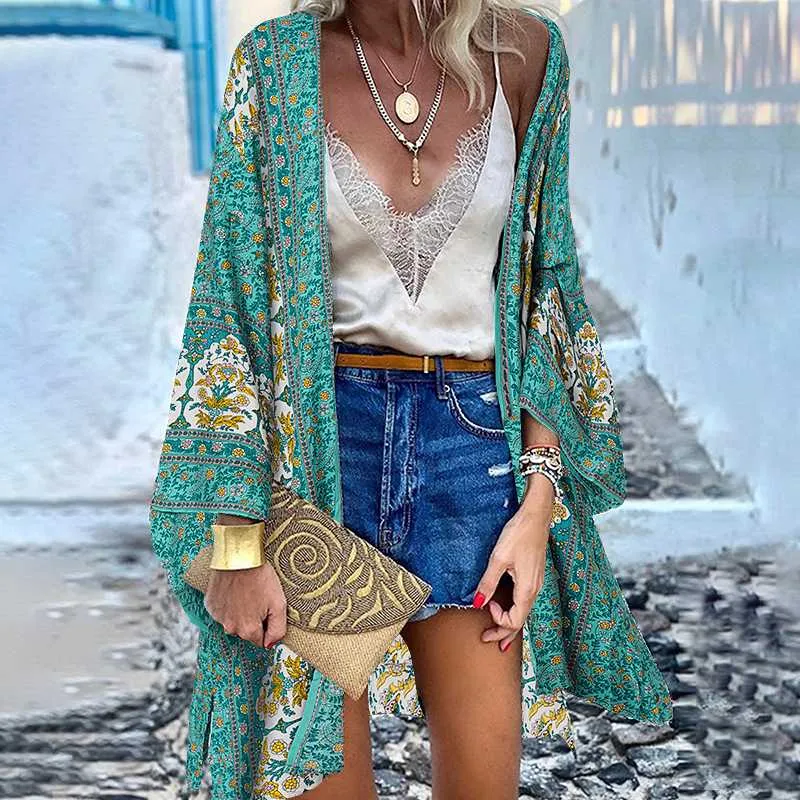 Women Cardigan Summer Open Front Bohemian Floral Printed Blouse Kimono Casual Loose Beach Tops Vintage Long Sleeve