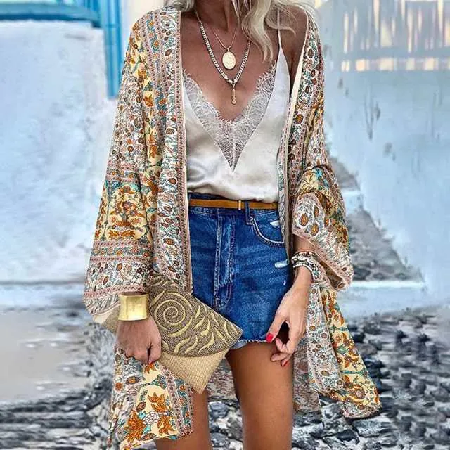 Women Cardigan Summer Open Front Bohemian Floral Printed Blouse Kimono Casual Loose Beach Tops Vintage Long Sleeve