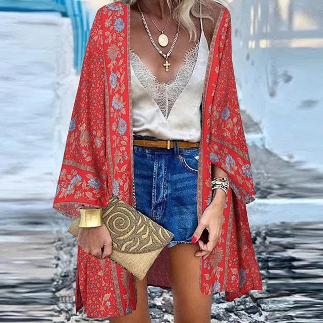 Women Cardigan Summer Open Front Bohemian Floral Printed Blouse Kimono Casual Loose Beach Tops Vintage Long Sleeve