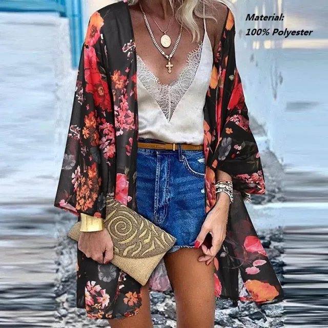Women Cardigan Summer Open Front Bohemian Floral Printed Blouse Kimono Casual Loose Beach Tops Vintage Long Sleeve