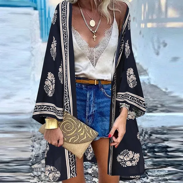 Women Cardigan Summer Open Front Bohemian Floral Printed Blouse Kimono Casual Loose Beach Tops Vintage Long Sleeve