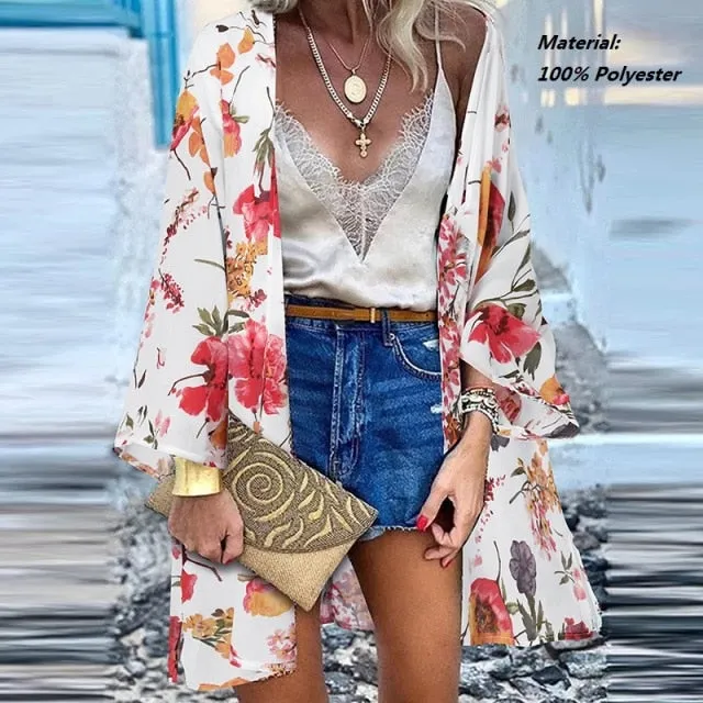 Women Cardigan Summer Open Front Bohemian Floral Printed Blouse Kimono Casual Loose Beach Tops Vintage Long Sleeve