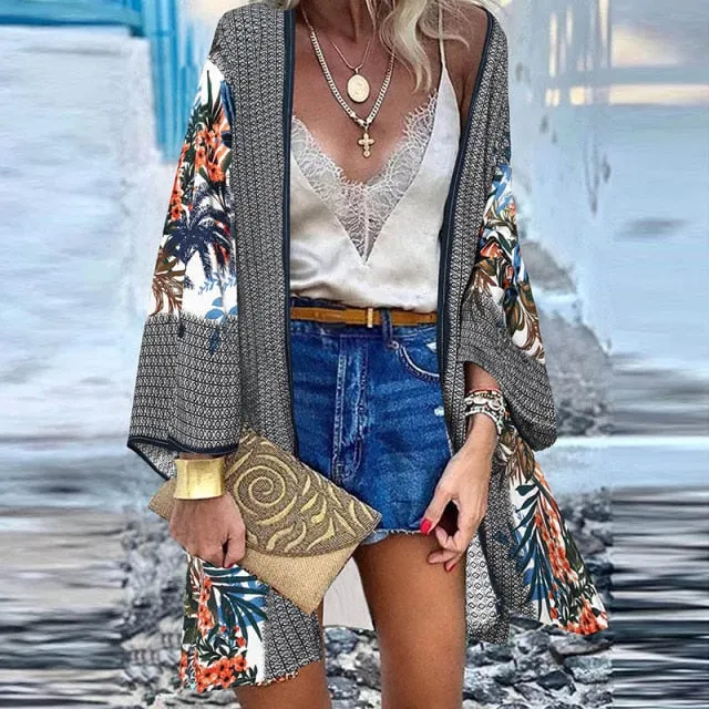 Women Cardigan Summer Open Front Bohemian Floral Printed Blouse Kimono Casual Loose Beach Tops Vintage Long Sleeve