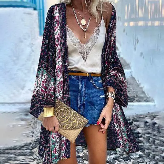 Women Cardigan Summer Open Front Bohemian Floral Printed Blouse Kimono Casual Loose Beach Tops Vintage Long Sleeve