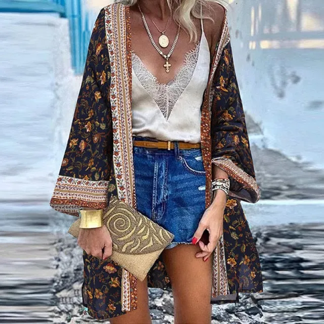 Women Cardigan Summer Open Front Bohemian Floral Printed Blouse Kimono Casual Loose Beach Tops Vintage Long Sleeve