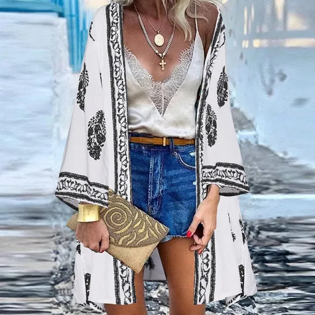 Women Cardigan Summer Open Front Bohemian Floral Printed Blouse Kimono Casual Loose Beach Tops Vintage Long Sleeve