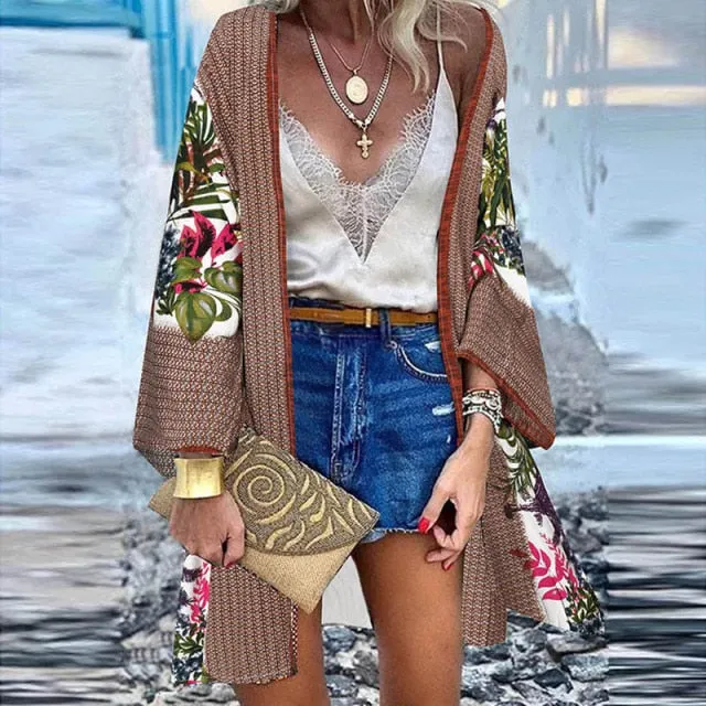 Women Cardigan Summer Open Front Bohemian Floral Printed Blouse Kimono Casual Loose Beach Tops Vintage Long Sleeve