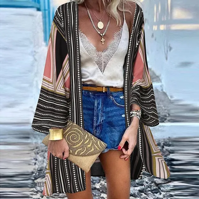 Women Cardigan Summer Open Front Bohemian Floral Printed Blouse Kimono Casual Loose Beach Tops Vintage Long Sleeve
