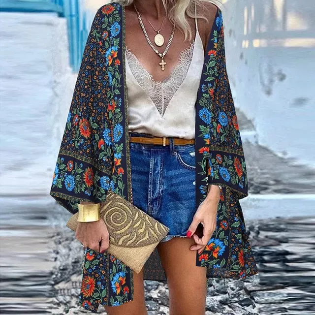 Women Cardigan Summer Open Front Bohemian Floral Printed Blouse Kimono Casual Loose Beach Tops Vintage Long Sleeve