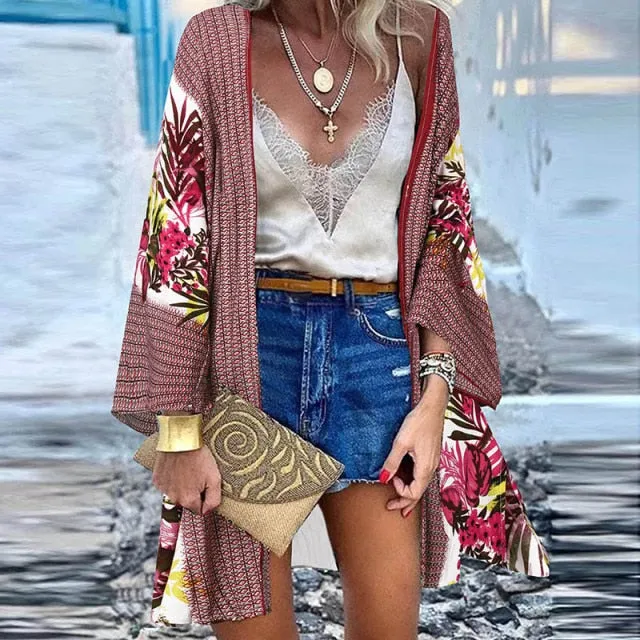 Women Cardigan Summer Open Front Bohemian Floral Printed Blouse Kimono Casual Loose Beach Tops Vintage Long Sleeve