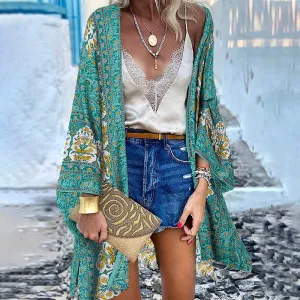 Women Cardigan Summer Open Front Bohemian Floral Printed Blouse Kimono Casual Loose Beach Tops Vintage Long Sleeve