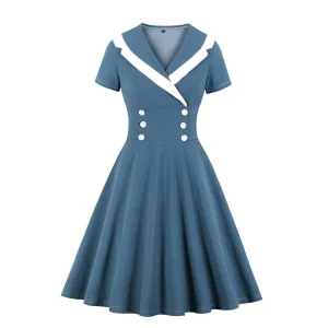 Women Contrast Color V Neck Vintage Dresses