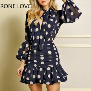 Women Long Sleeves Dot Print Ruffles Mesh Open Back Dress  Elegant Fashion Chic Dress