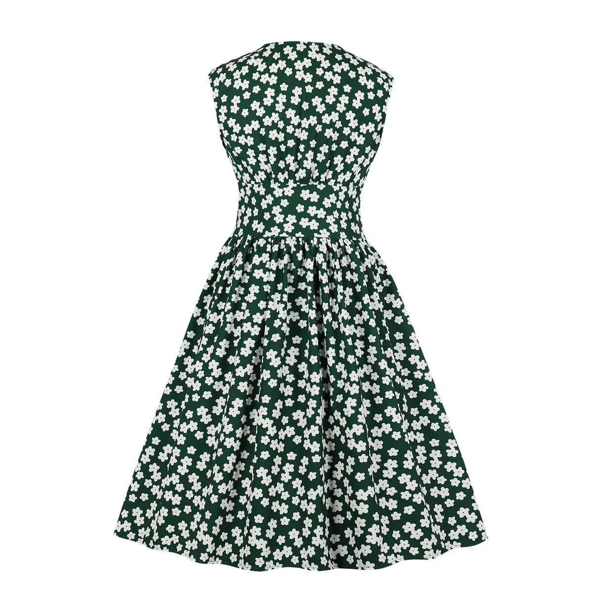 Women V Neck Floral Print High Waist Vintage Dresses with Button