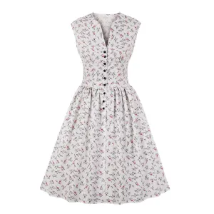 Women V Neck Floral Print High Waist Vintage Dresses with Button