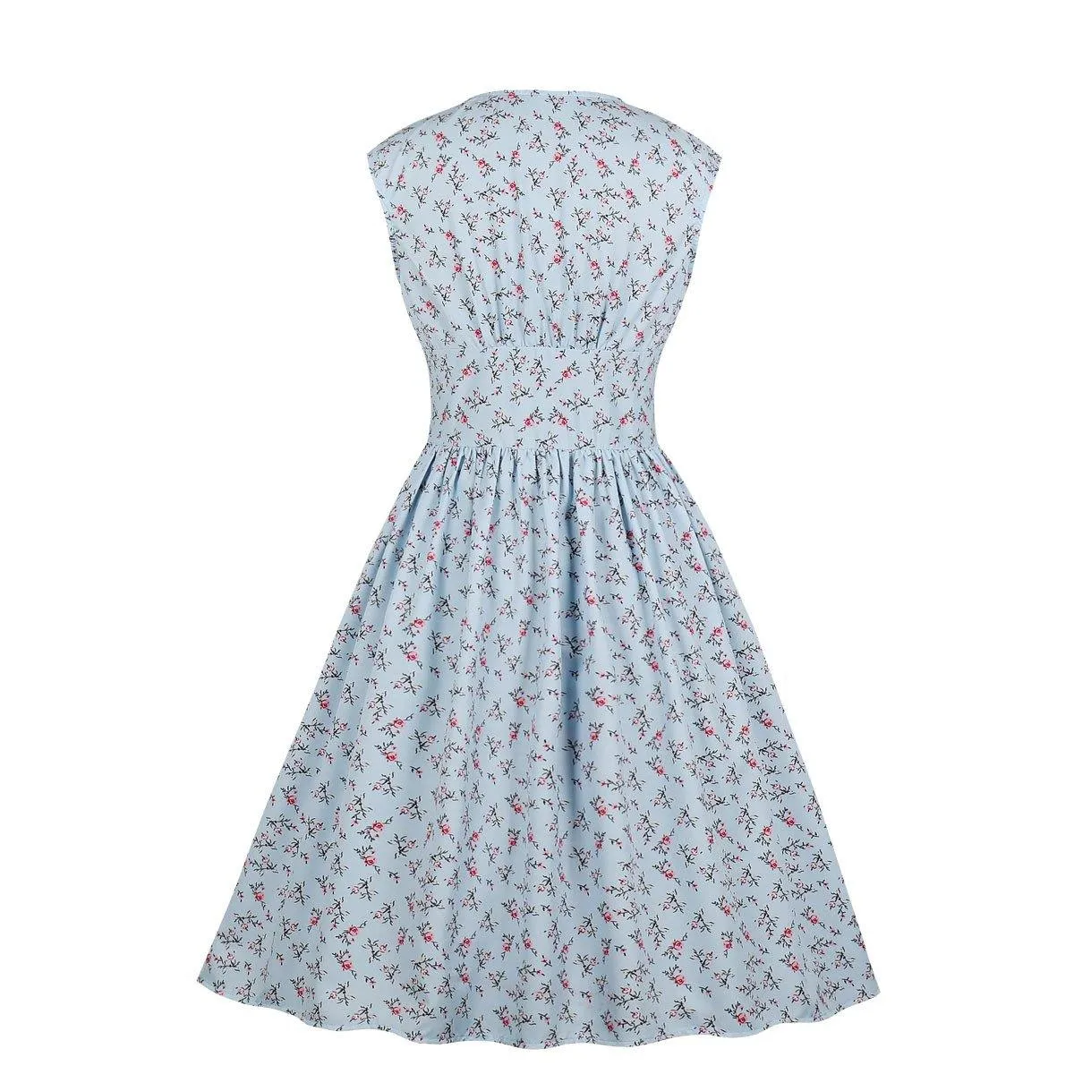 Women V Neck Floral Print High Waist Vintage Dresses with Button