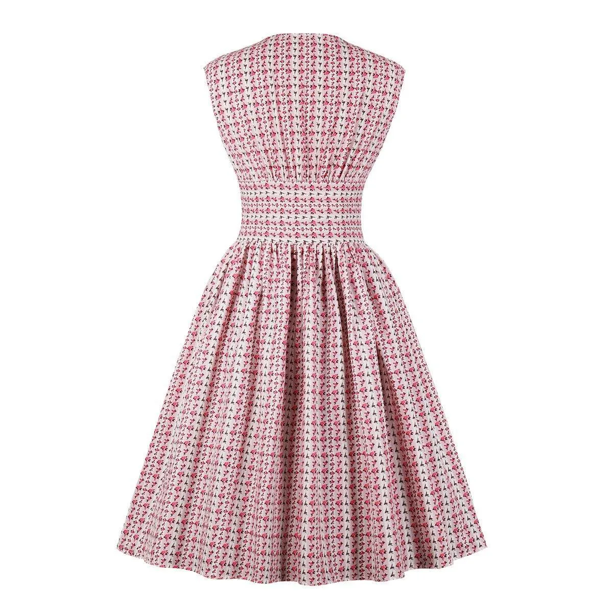 Women V Neck Floral Print High Waist Vintage Dresses with Button