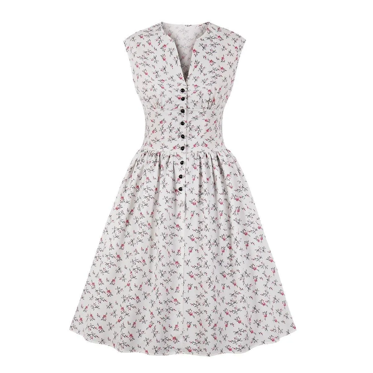 Women V Neck Floral Print High Waist Vintage Dresses with Button
