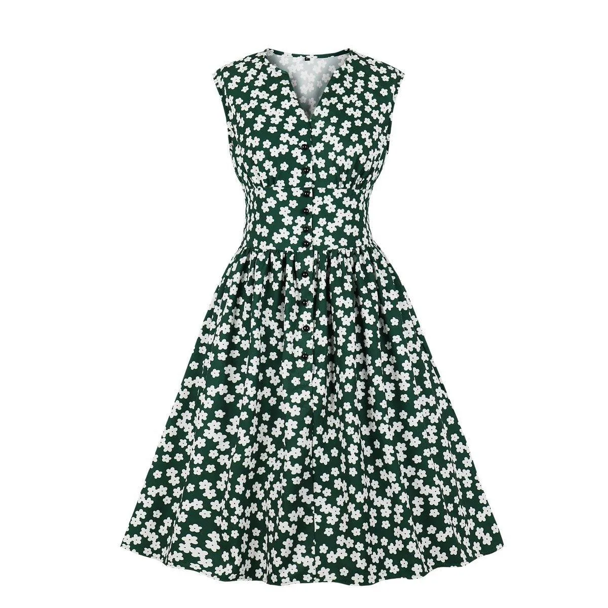 Women V Neck Floral Print High Waist Vintage Dresses with Button