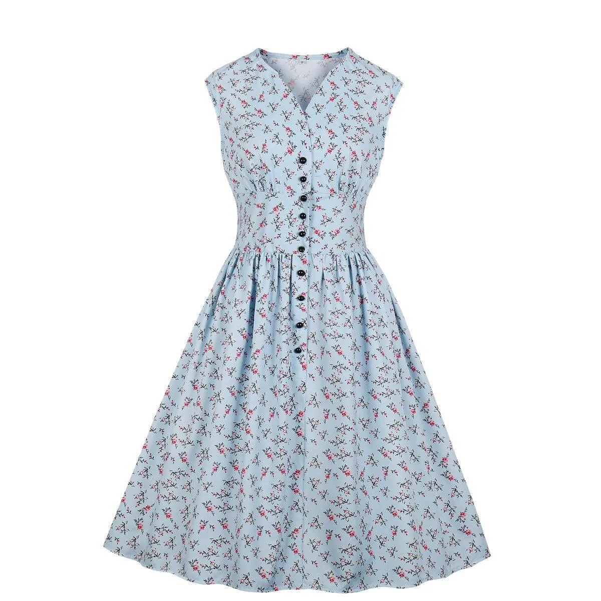 Women V Neck Floral Print High Waist Vintage Dresses with Button