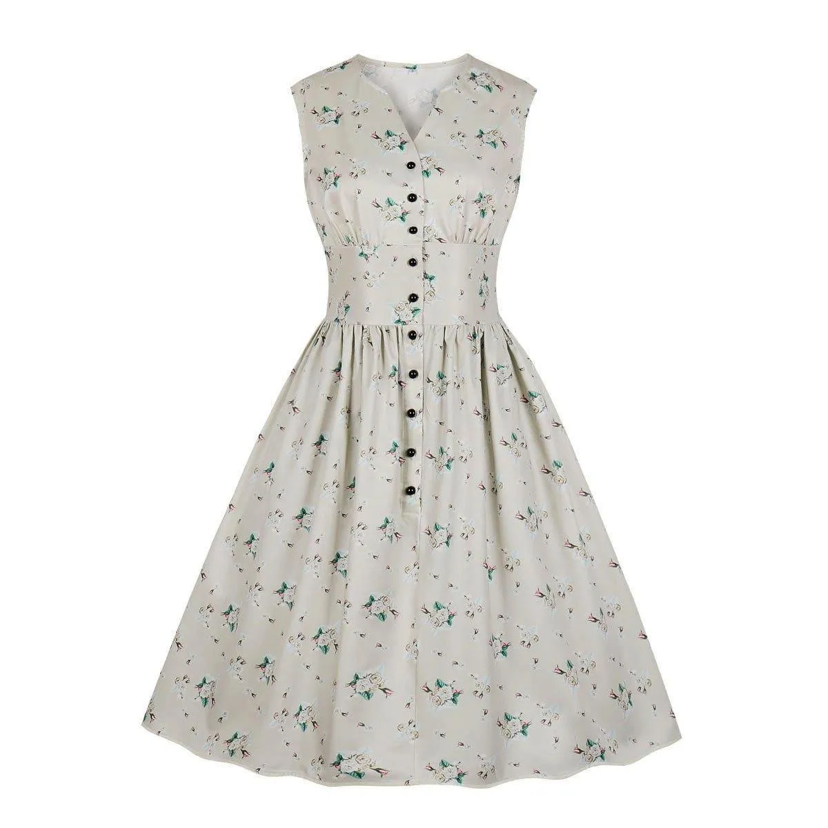 Women V Neck Floral Print High Waist Vintage Dresses with Button
