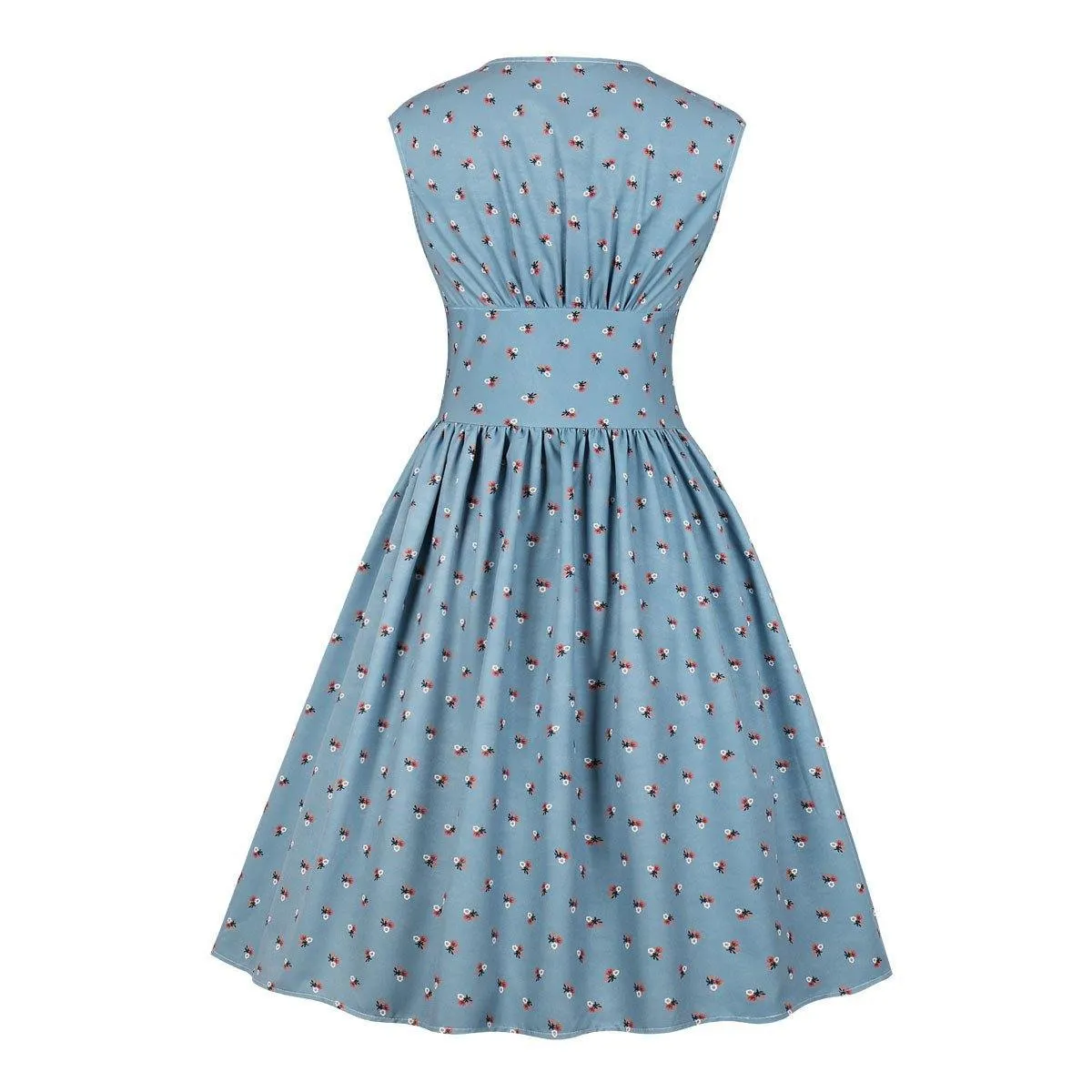Women V Neck Floral Print High Waist Vintage Dresses with Button