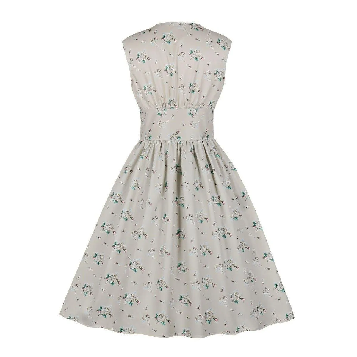 Women V Neck Floral Print High Waist Vintage Dresses with Button