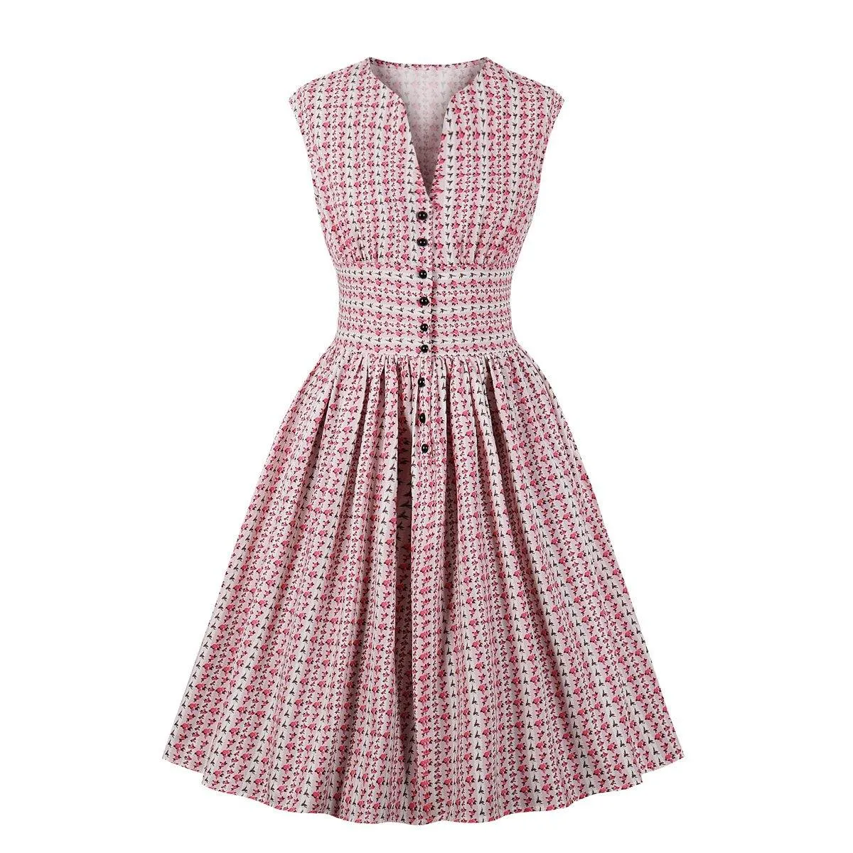 Women V Neck Floral Print High Waist Vintage Dresses with Button