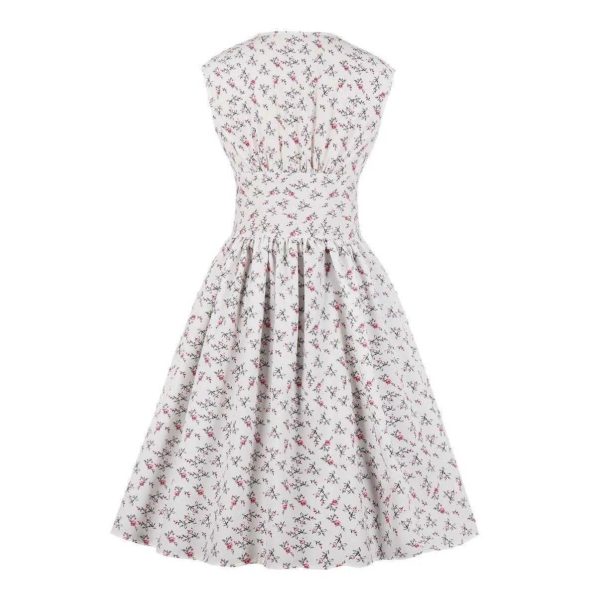 Women V Neck Floral Print High Waist Vintage Dresses with Button