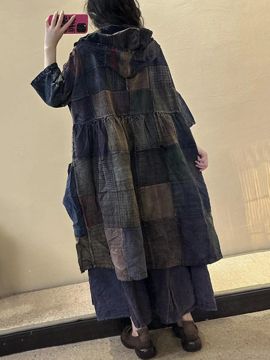 Women Vintage Patch Spliced Pocket Hooded Shirt Dress