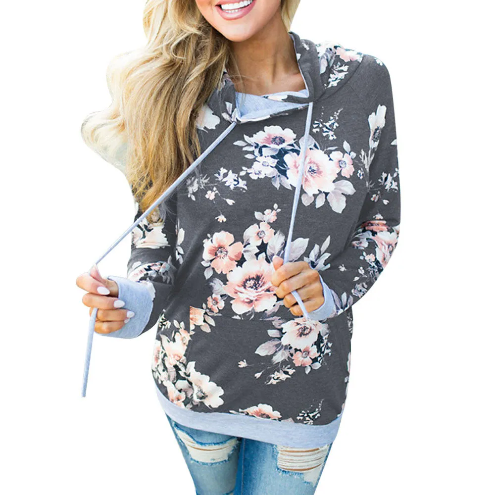 Women's Autumn Hoodie Sweatshirt Fashion Boho Floral Print Pullover Tops Women Long Sleeve Casual Hooded Pullovers Winter #YL