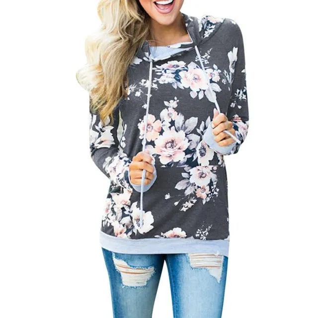 Women's Autumn Hoodie Sweatshirt Fashion Boho Floral Print Pullover Tops Women Long Sleeve Casual Hooded Pullovers Winter #YL
