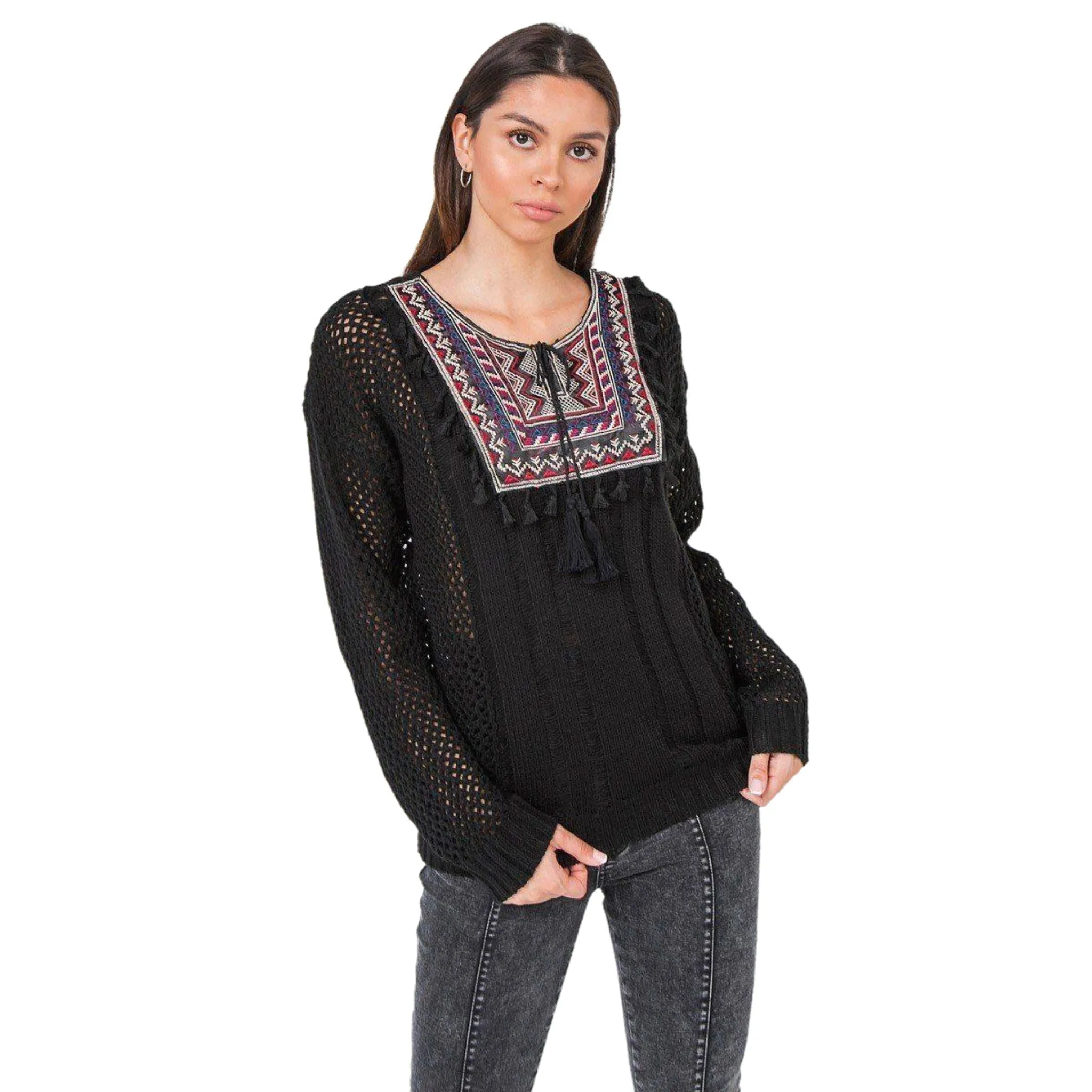 Women's Boho Bliss Embroidered Waffle Knit Sweater