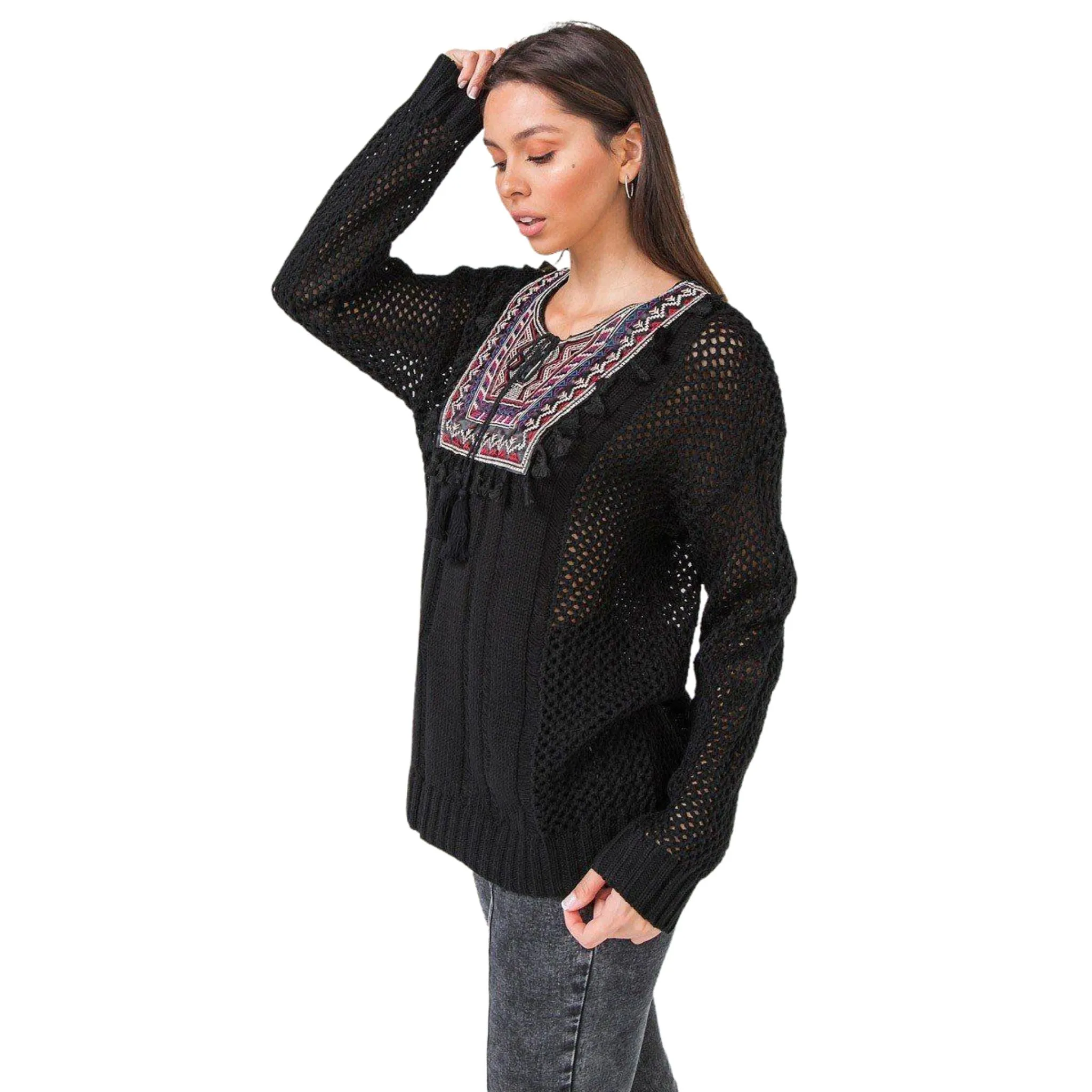Women's Boho Bliss Embroidered Waffle Knit Sweater